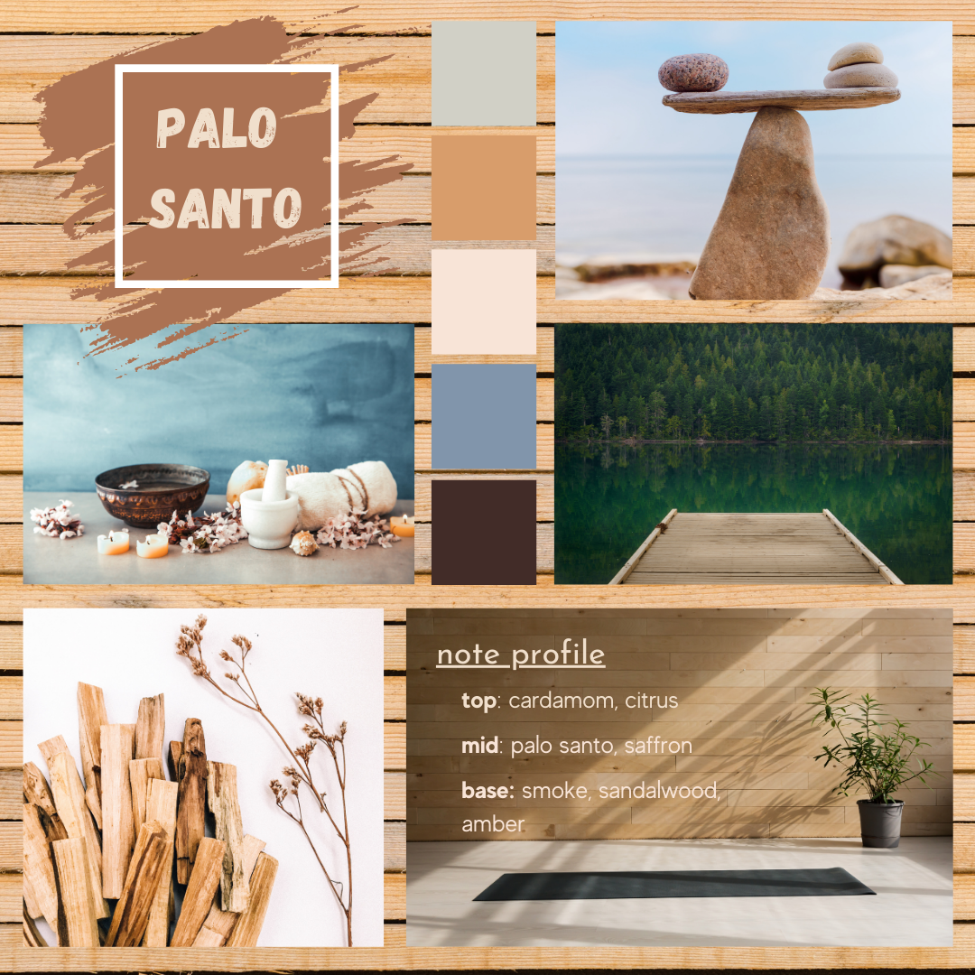 Palo Santo mood board with zen rocks balancing overlooking a lake, a mountain lake, wooden blanks, herbs